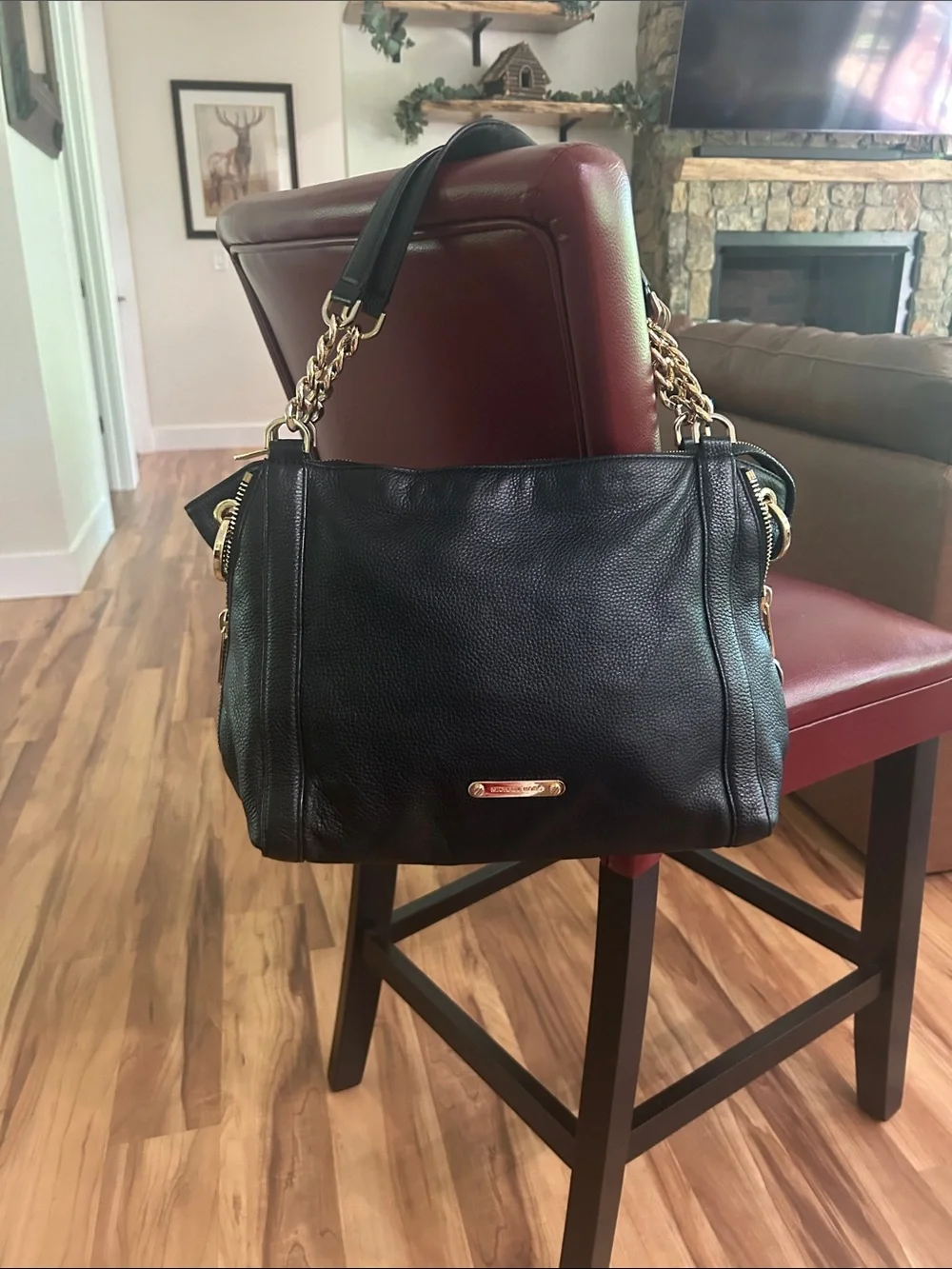 Michael Kors Black Leather Shoulder Bag with Gold Chain Accents